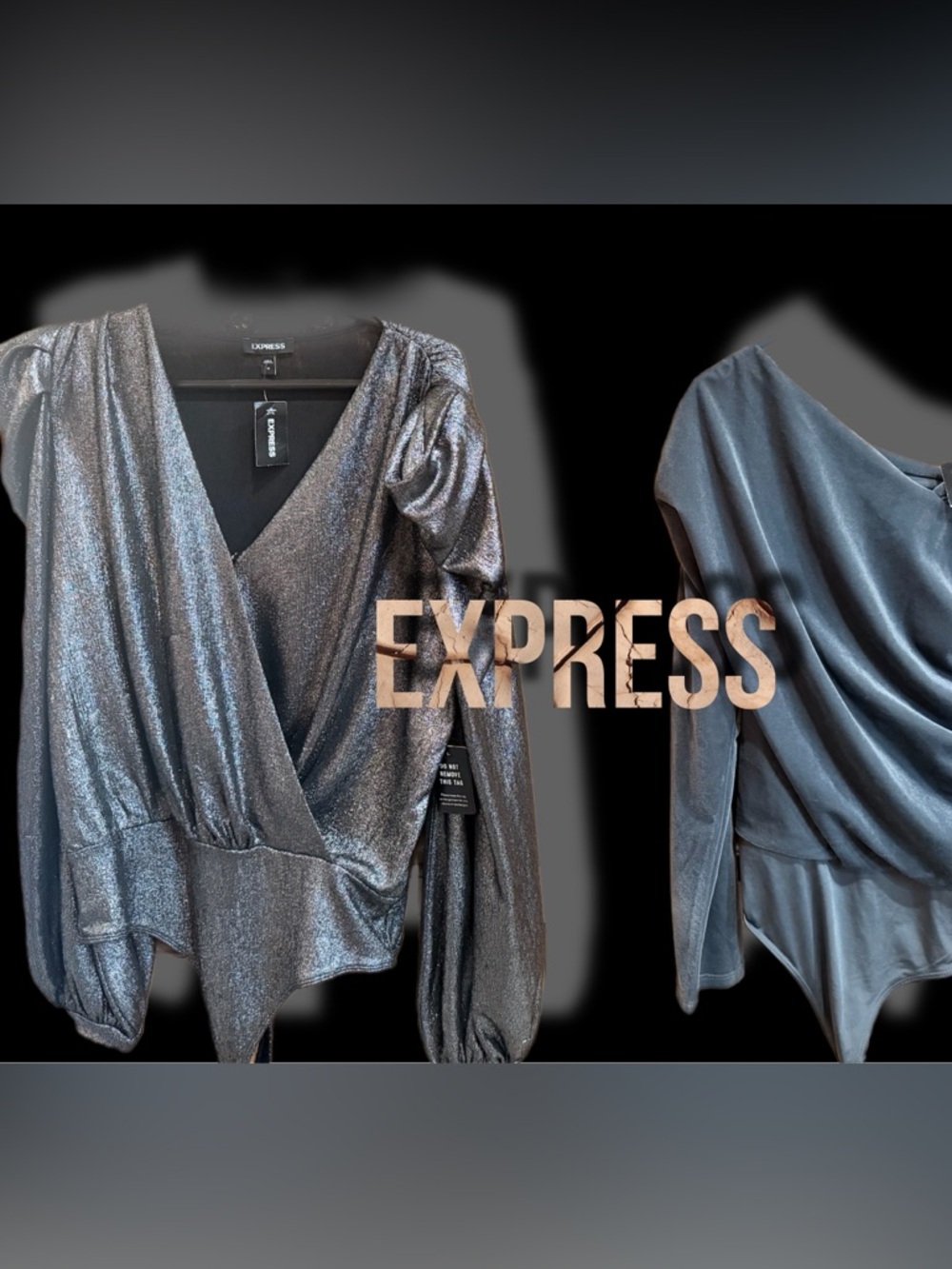 Express Metallic Silver Wrap Bodysuit-  velvet bodysuit - gray long sleeve